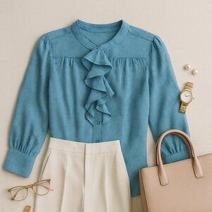 Women’s Banana Republic Top,  Size 4 Blue Chiffon Ruffle Button Up,  Elegant